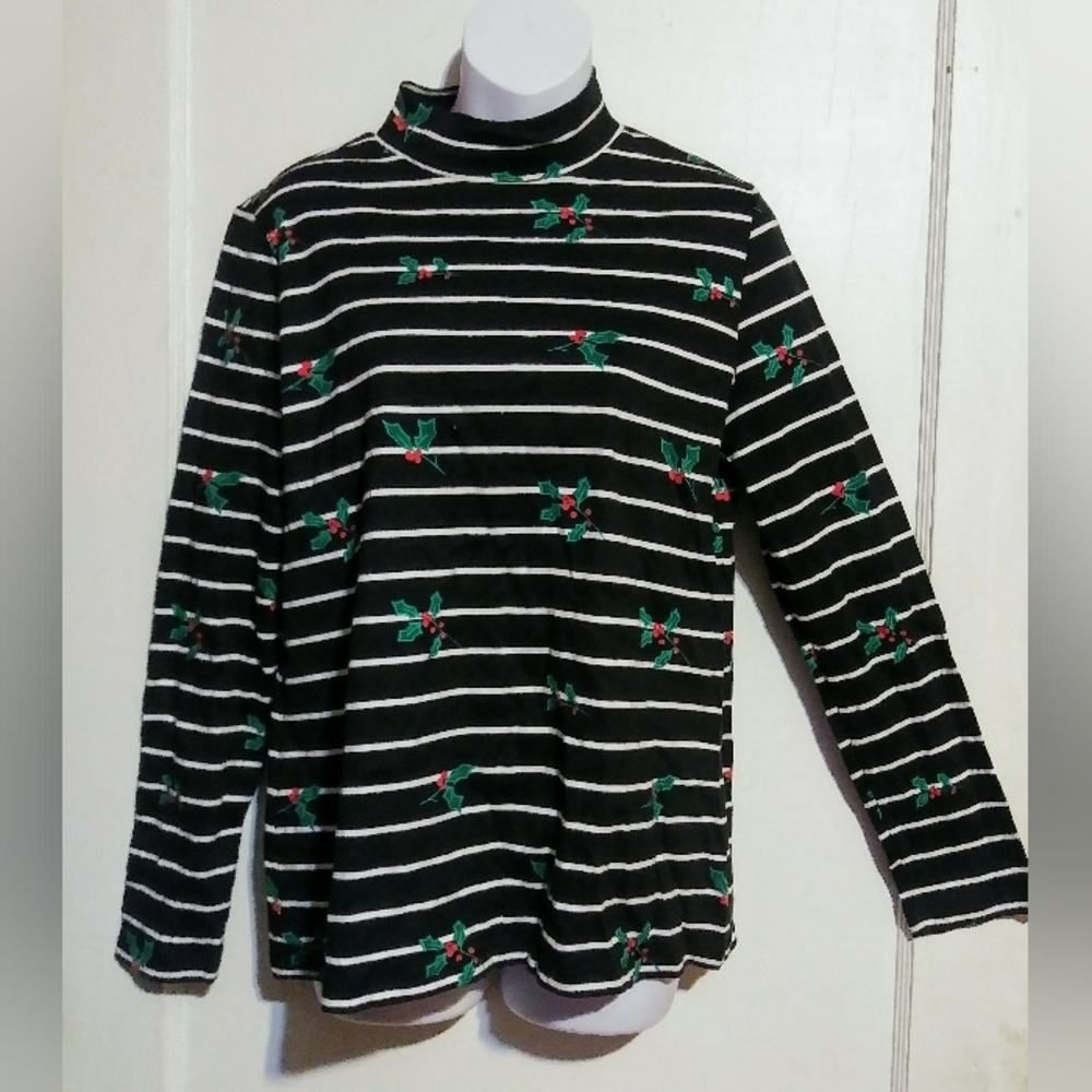 KIM ROGERS LADIES BLACK & WHT STRIPED LONG SLEEVE TOP